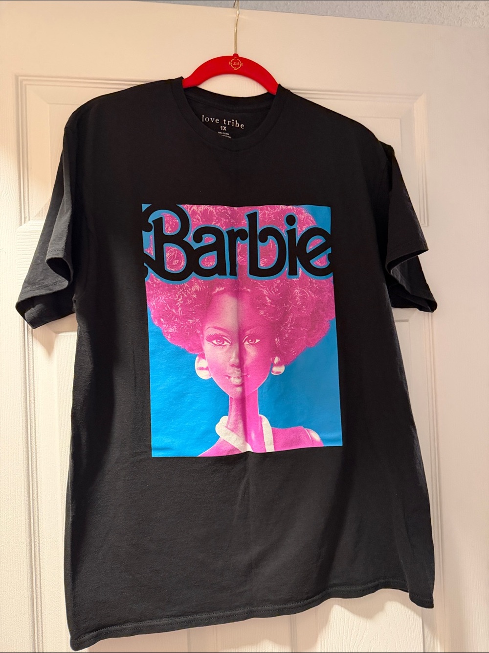 Black Barbie Graphic Tee with Pink & Blue Portrait